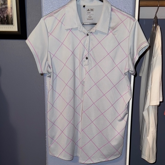 adidas Light Blue Polo with Pink Grid Pattern - Picture 1 of 5